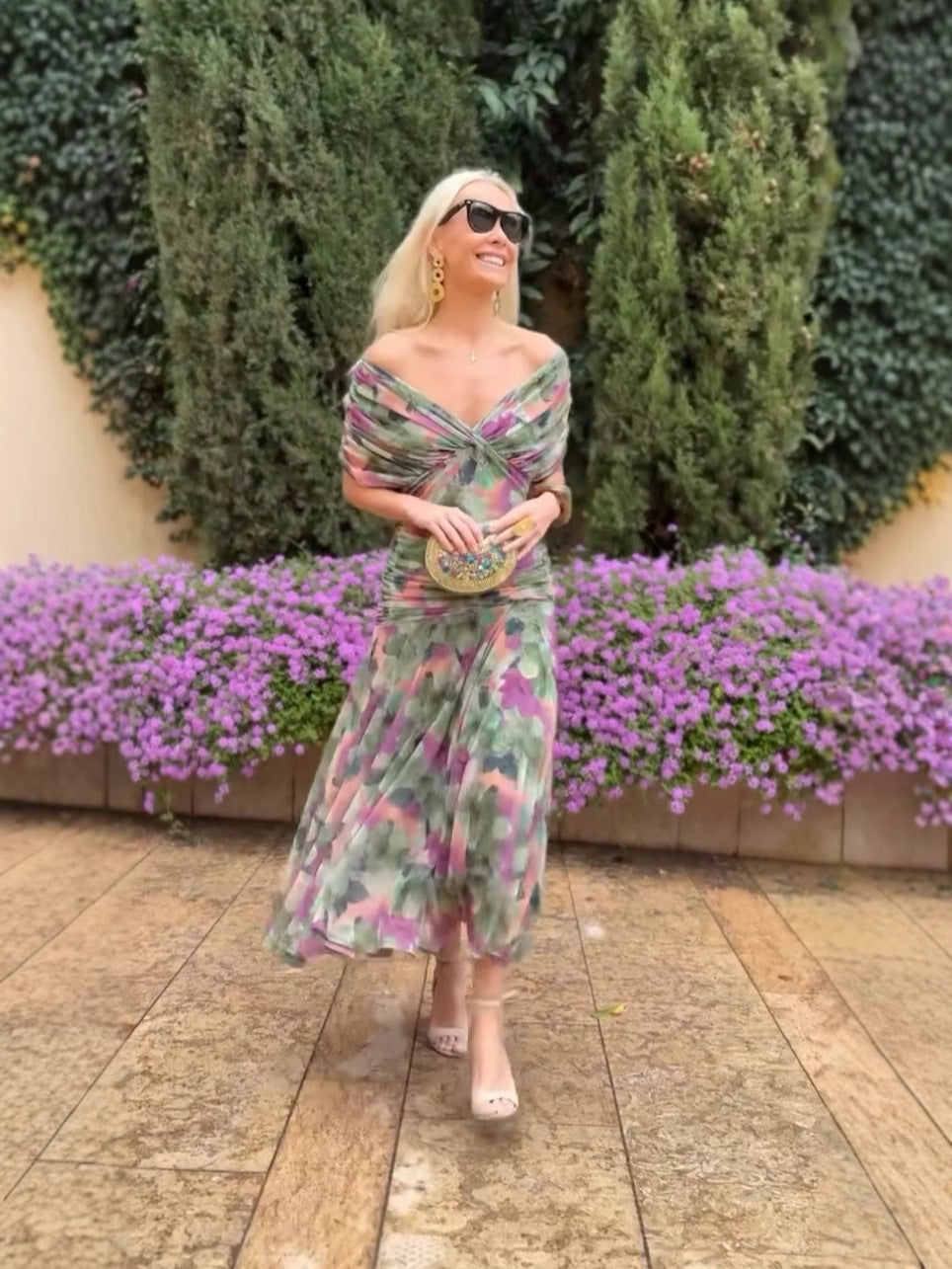 Off-shoulder V-hals bedrukte jurk voor dames