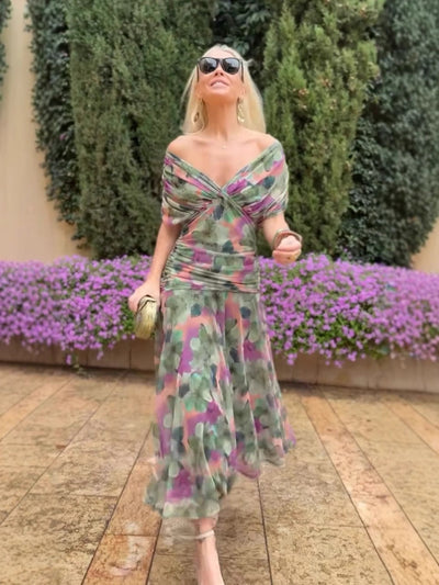 Off-shoulder V-hals bedrukte jurk voor dames