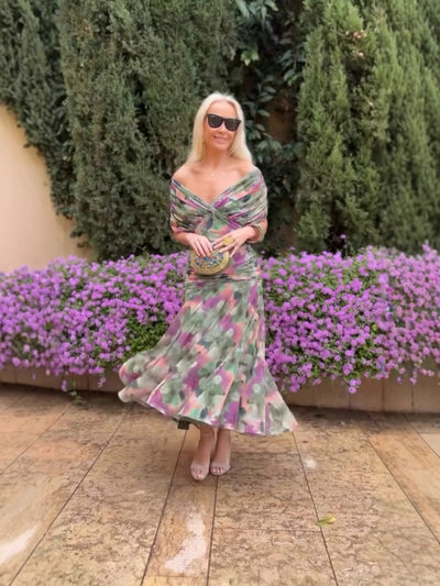 Off-shoulder V-hals bedrukte jurk voor dames