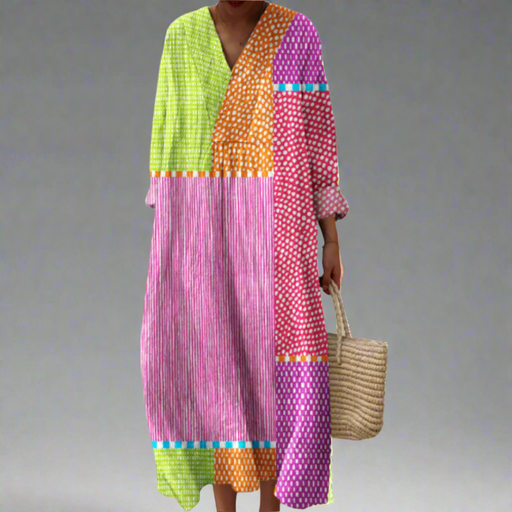 Ruby | Maxi-jurk met patchwork en stippen