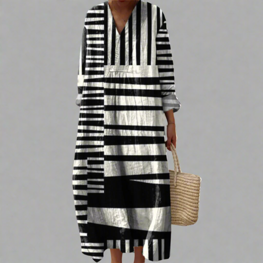 Lydia | Vloeiende maxi-jurk met monochrome strepen
