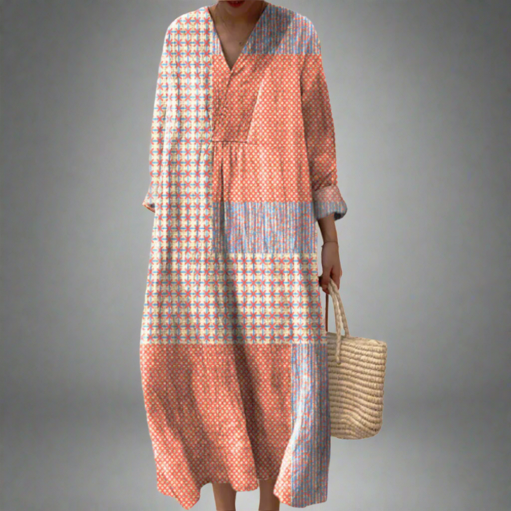 Nora | Patchwork midi-jurk met koraal- en sterrenpatroon