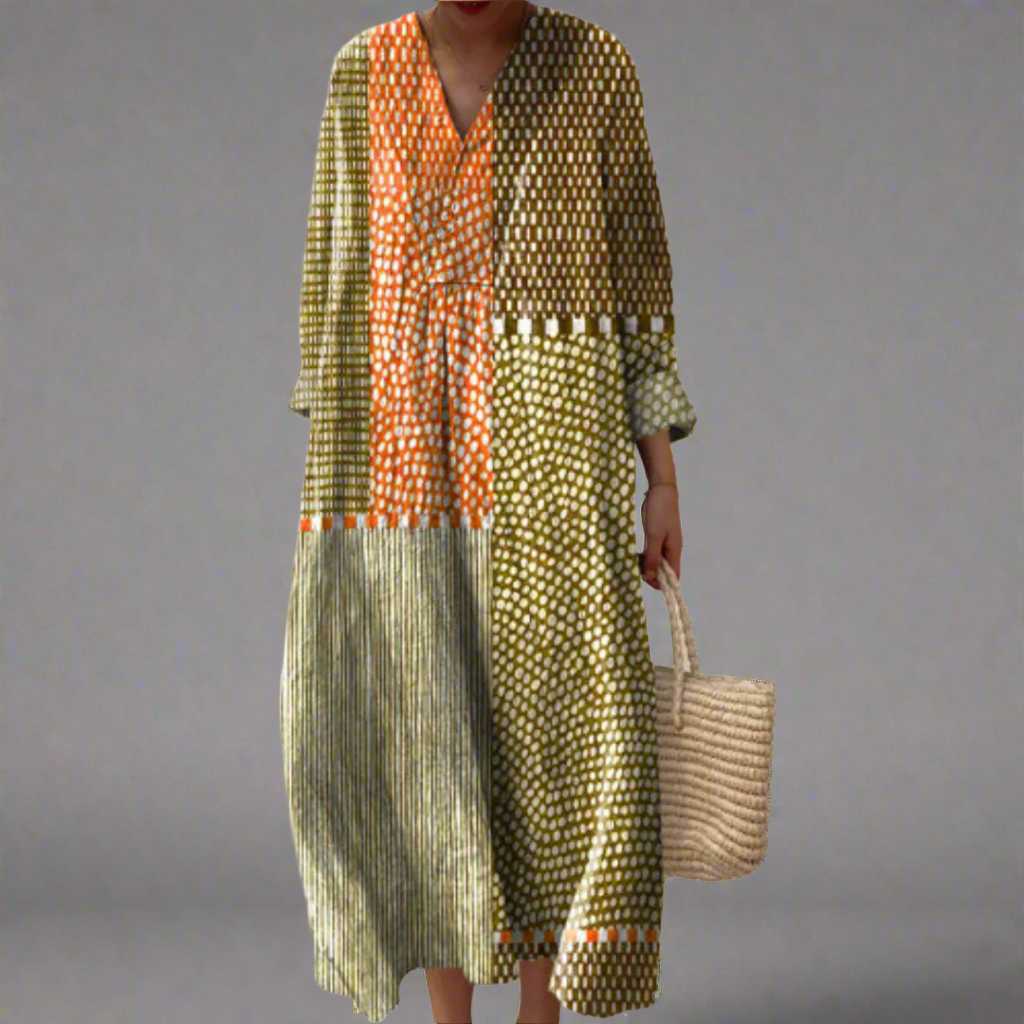 Vivienne | Midi-jurk met patchwork en stippen in aardse tinten