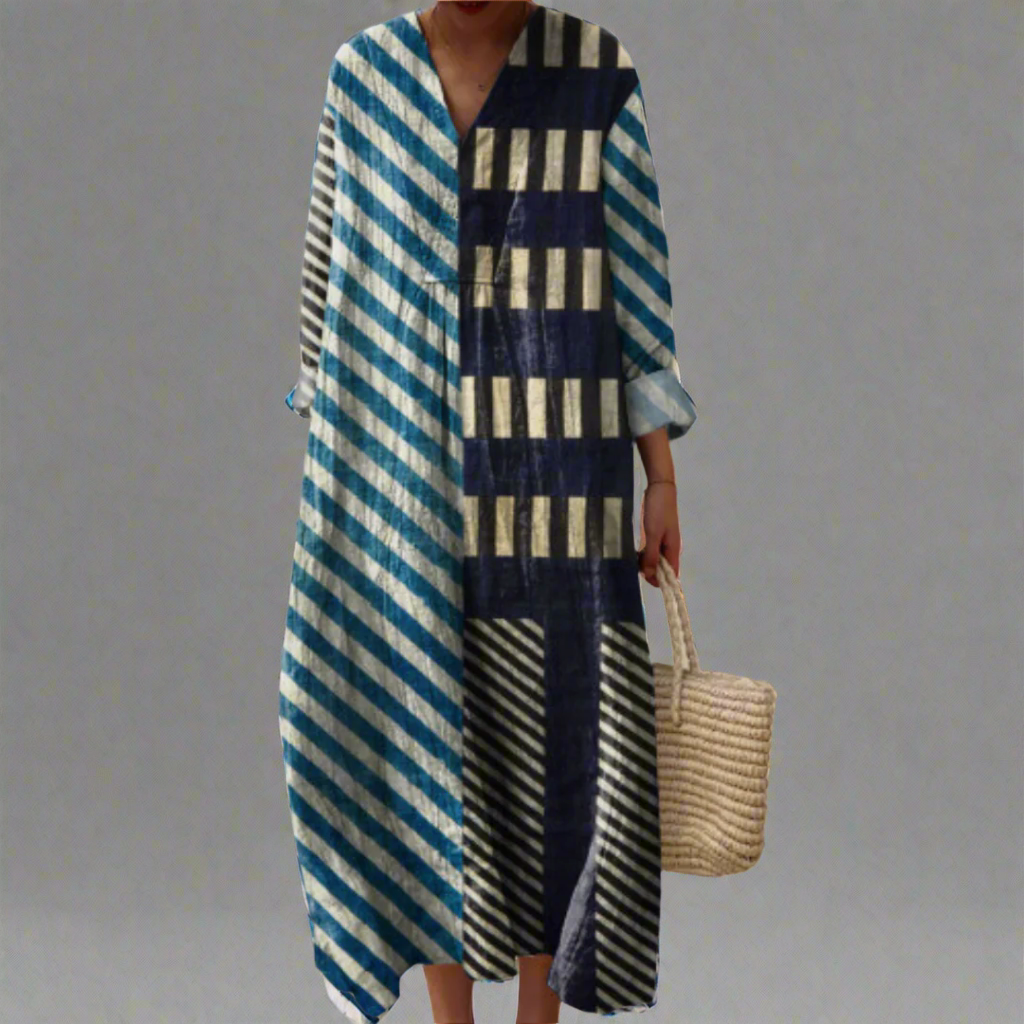 Martha | Moderne gestreepte patchwork midi-jurk