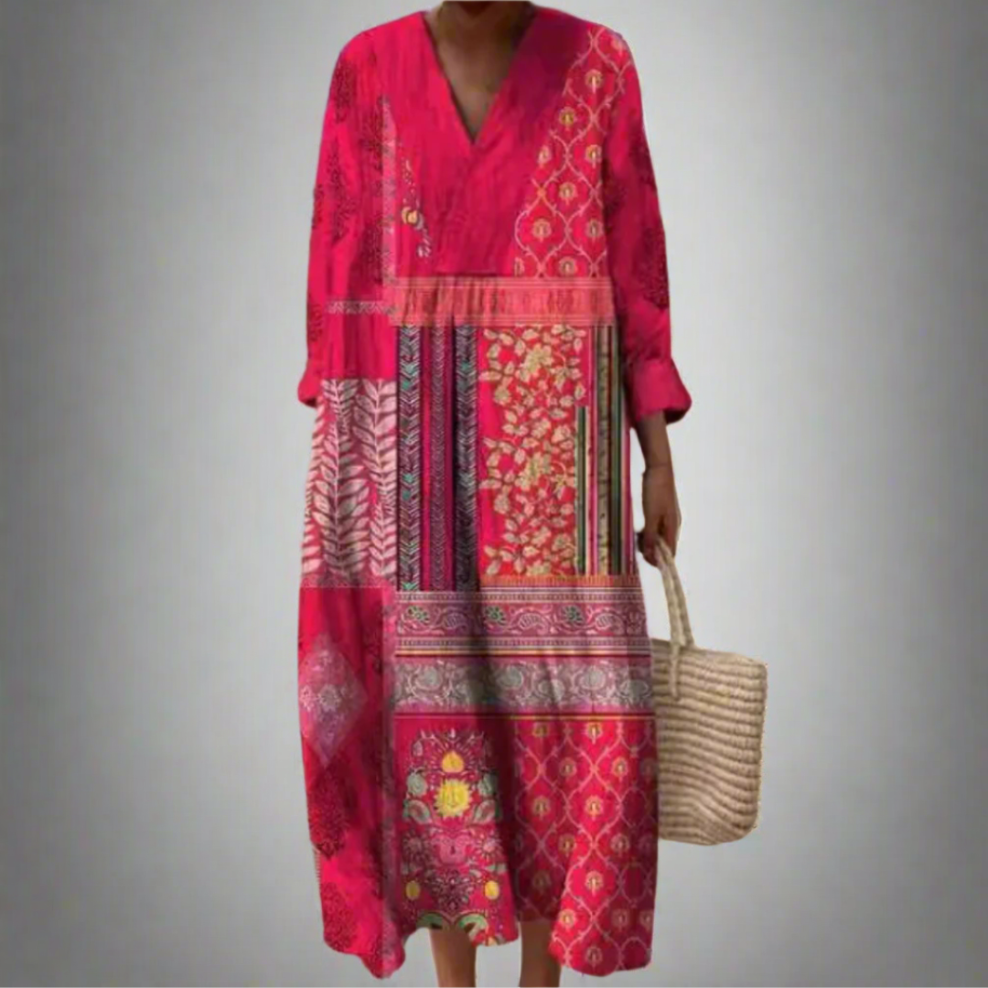 Maisie | Boho midi-jurk met patchwork en lange mouwen