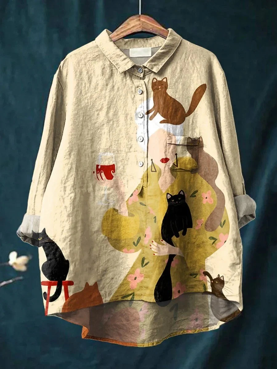 Sofia | Blouse met katten- en bloemenprint
