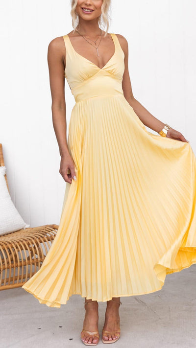 Aby | Gele geplooide V-hals maxi-jurk