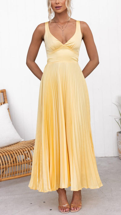 Aby | Gele geplooide V-hals maxi-jurk