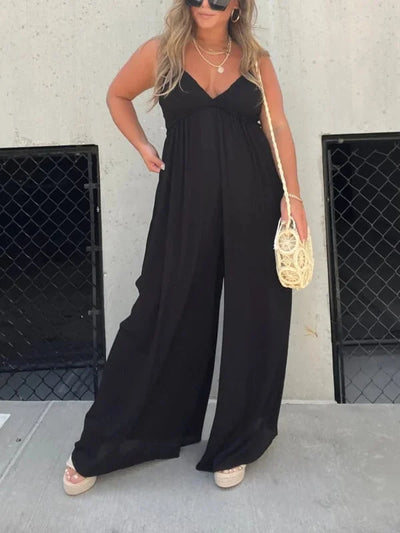 Comfortabele damesjumpsuit met V-hals en wijde pijpen