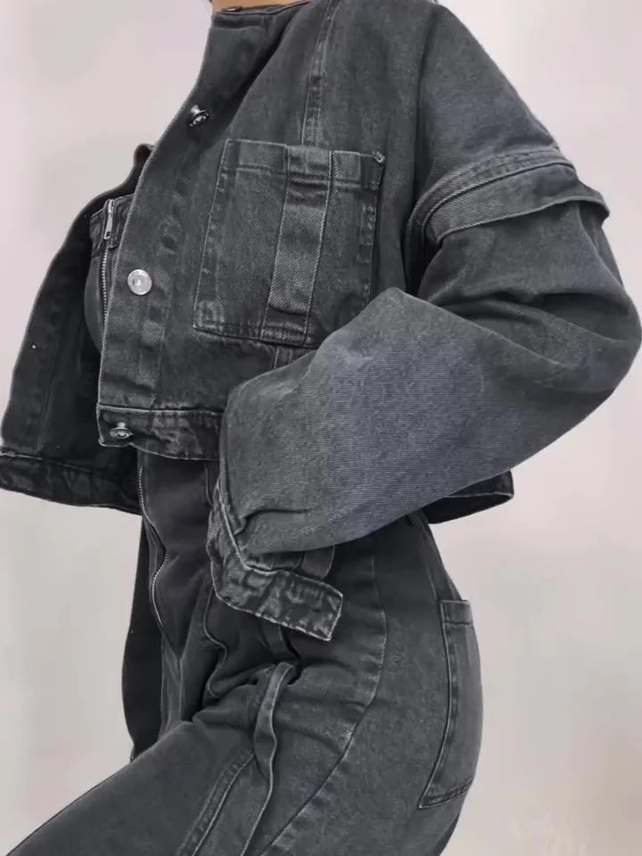 Denim Bandeau Jumpsuit met Rits en Jasje Set 