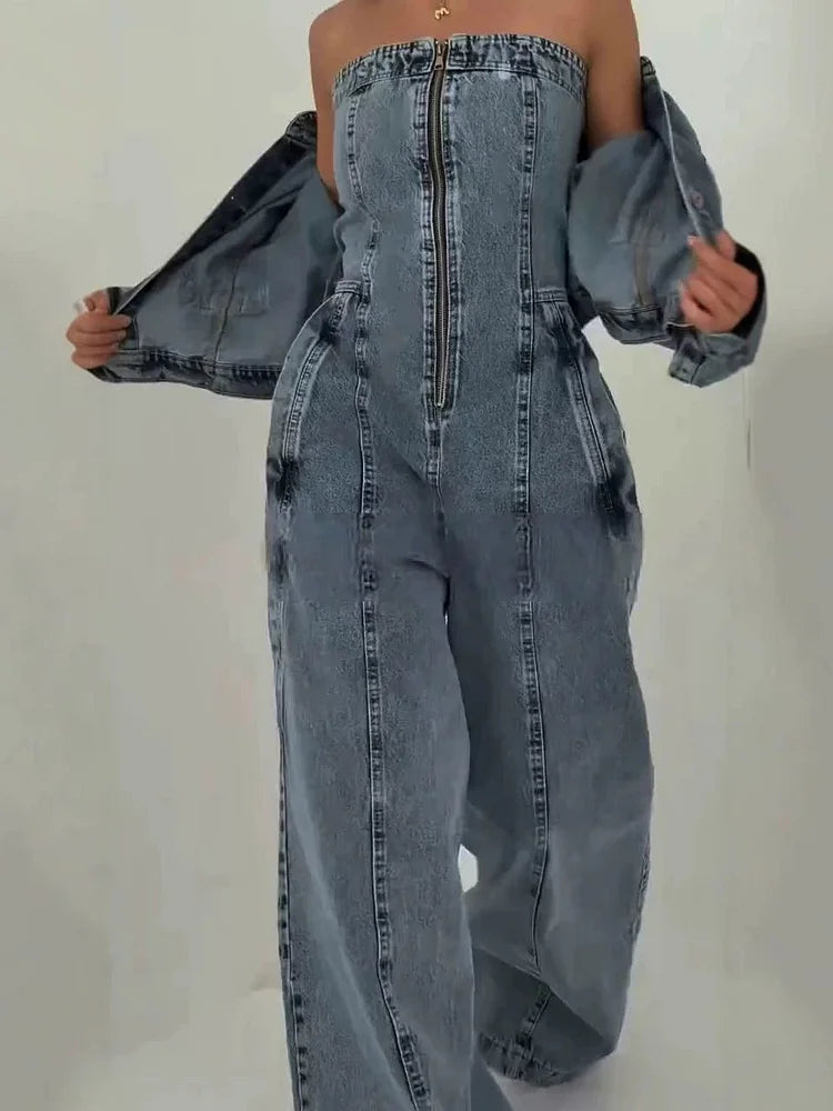 Denim Bandeau Jumpsuit met Rits en Jasje Set 