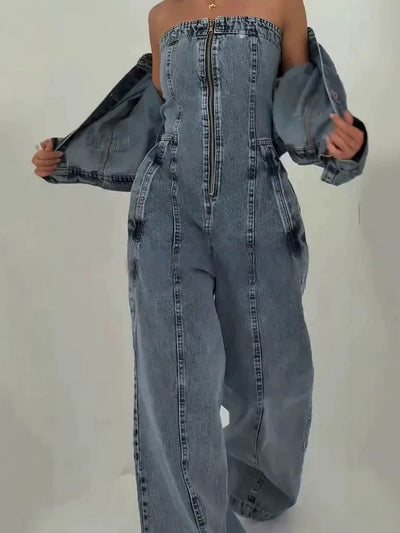Denim Bandeau Jumpsuit met Rits en Jasje Set 