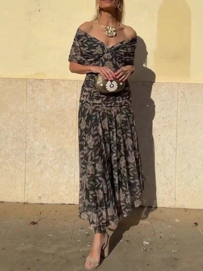Off-shoulder V-hals bedrukte jurk voor dames
