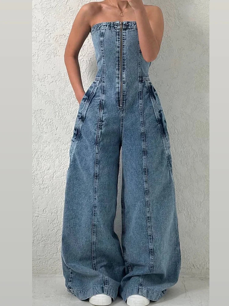 Denim Bandeau Jumpsuit met Rits en Jasje Set 