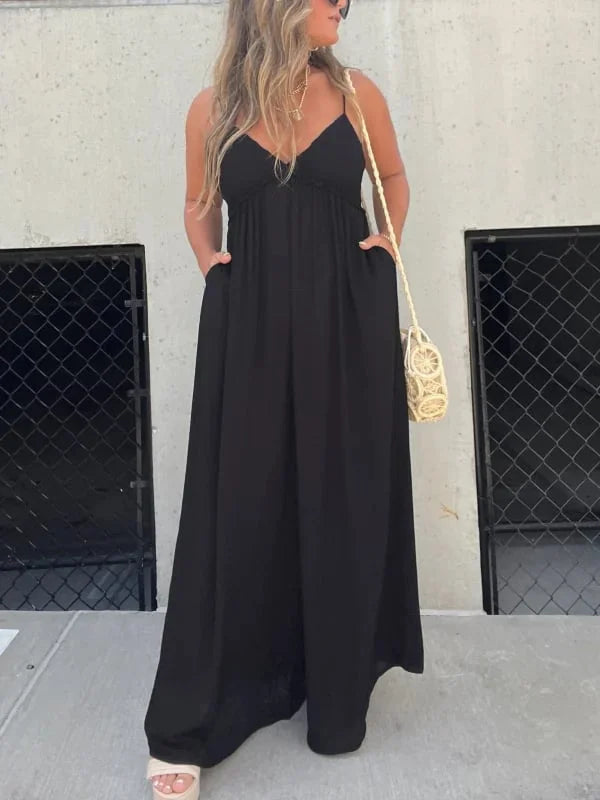 Comfortabele damesjumpsuit met V-hals en wijde pijpen