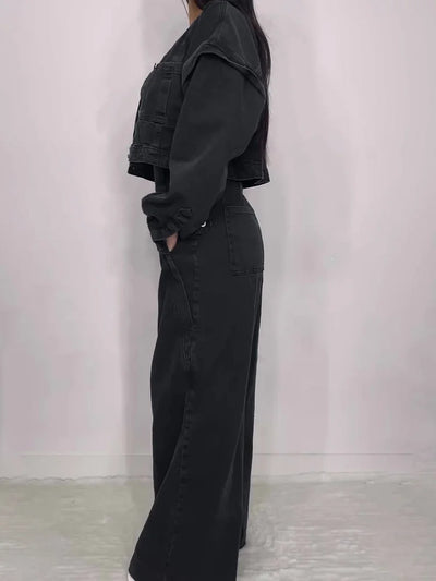 Denim Bandeau Jumpsuit met Rits en Jasje Set 