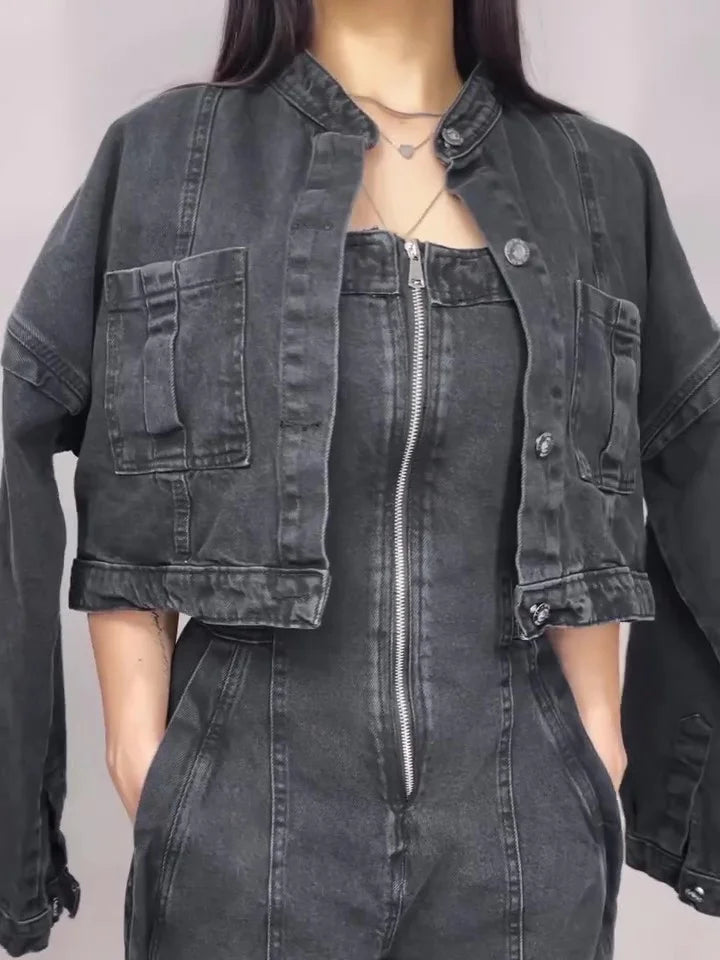 Denim Bandeau Jumpsuit met Rits en Jasje Set 