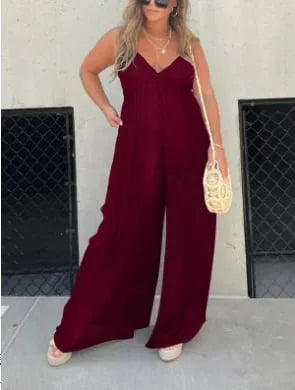 Comfortabele damesjumpsuit met V-hals en wijde pijpen