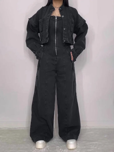 Denim Bandeau Jumpsuit met Rits en Jasje Set 