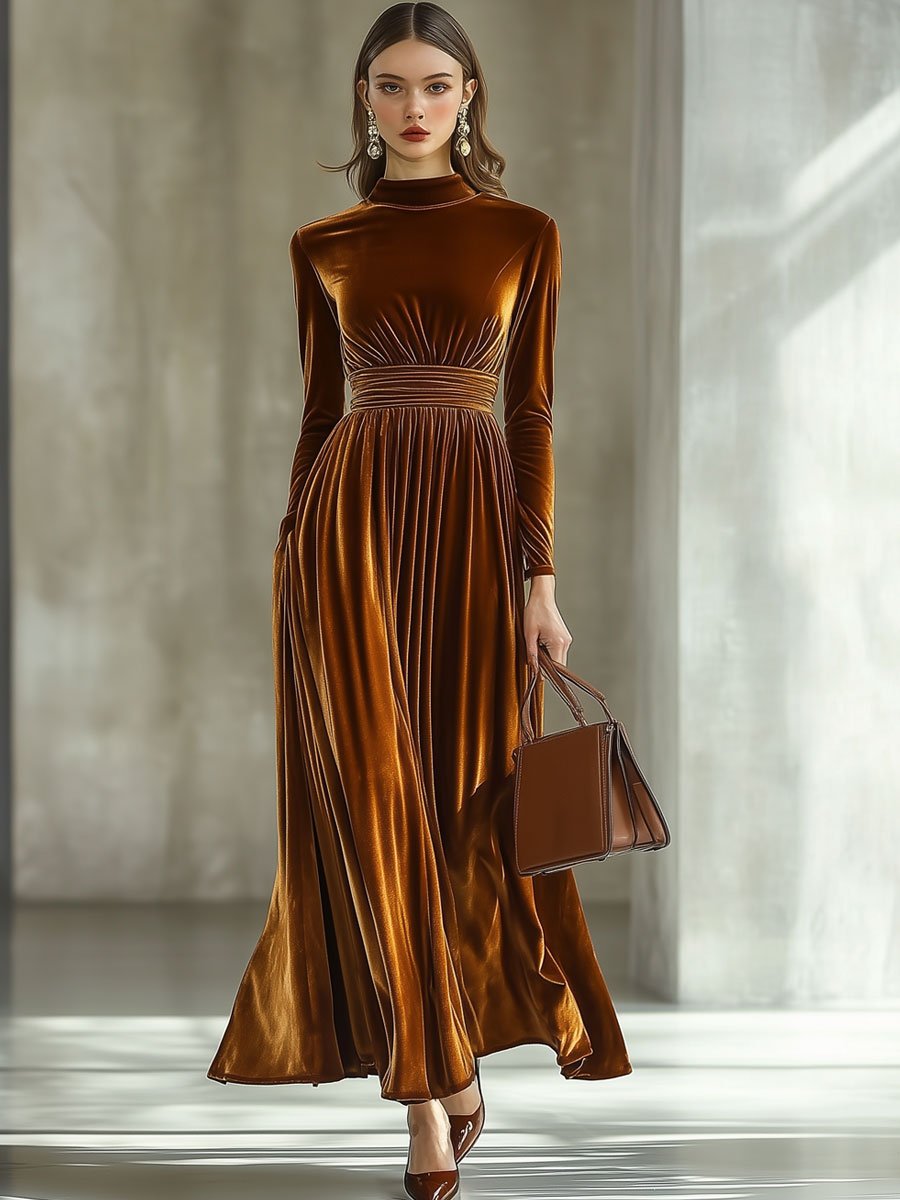 Elina – Effen maxi-jurk met lange mouwen en halve kraag