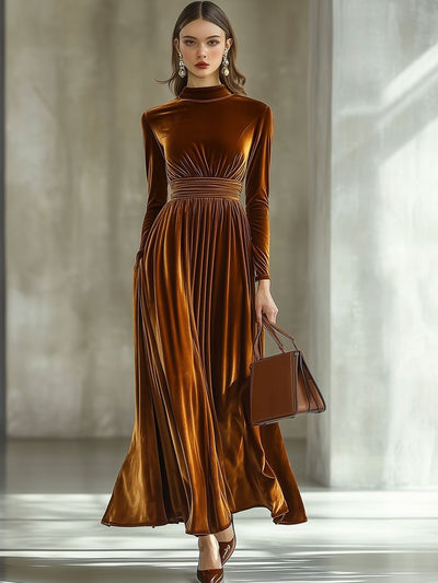 Elina – Effen maxi-jurk met lange mouwen en halve kraag