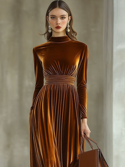 Elina – Effen maxi-jurk met lange mouwen en halve kraag