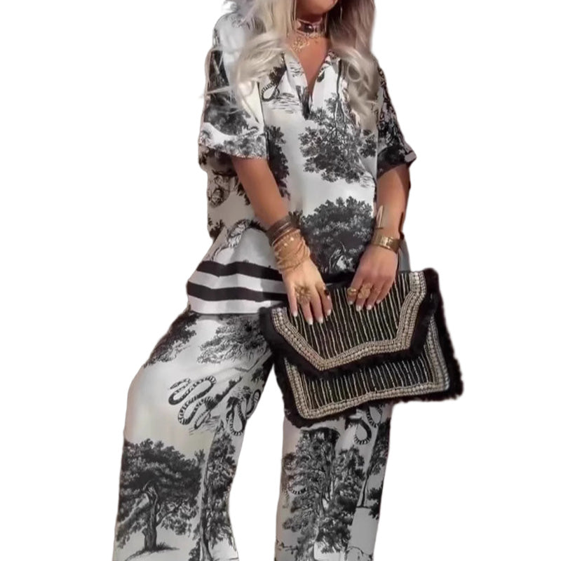 🔥🌊Tweedelige set met V-hals top en broek