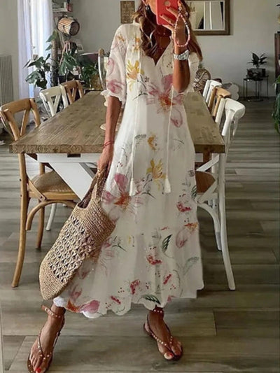 Andrea - Boho Vintage V-hals Bedrukte Jurk