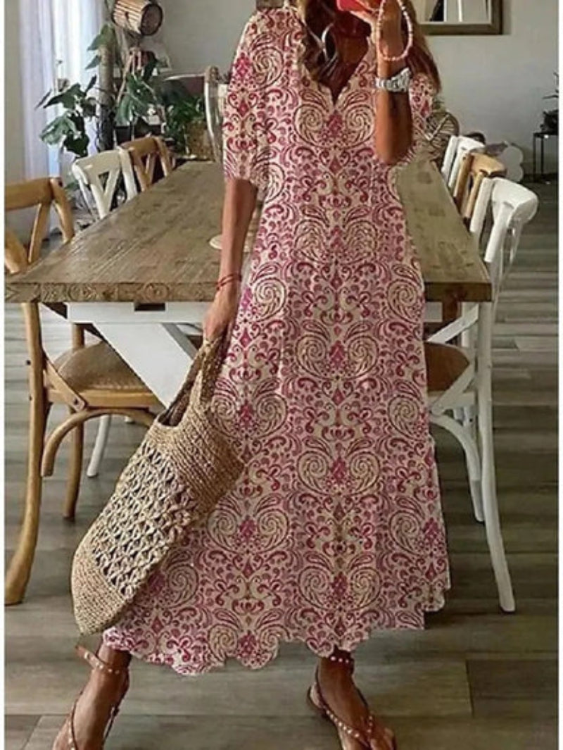 Andrea - Boho Vintage V-hals Bedrukte Jurk