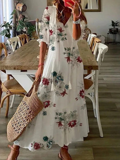 Andrea - Boho Vintage V-hals Bedrukte Jurk